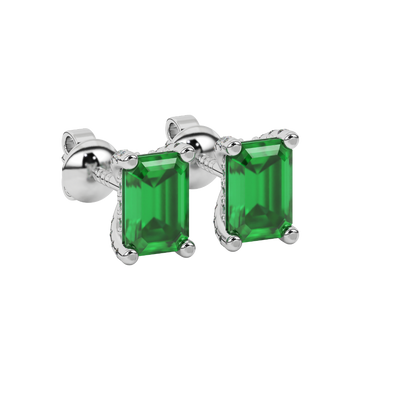 Green emerald cut gemstone stud earrings in rose gold four-prong setting