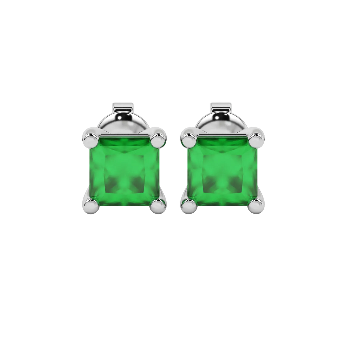 Princess emerald green gemstone earrings, white gold classic basket setting.