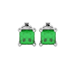 Princess emerald green gemstone earrings, white gold classic basket setting.