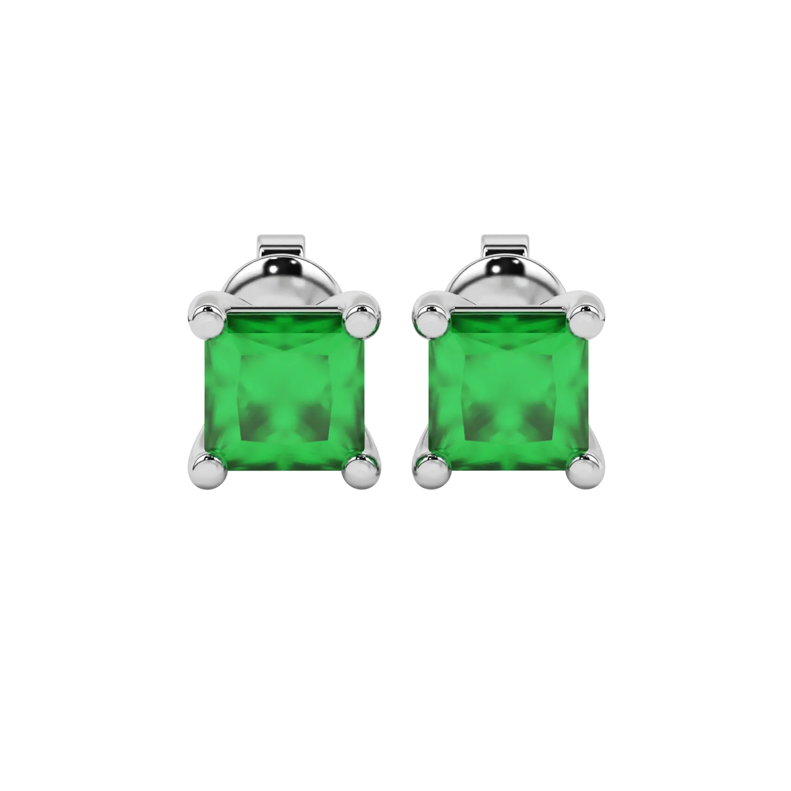 Princess emerald green gemstone earrings, white gold classic basket setting.
