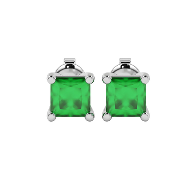 Princess emerald green gemstone earrings, white gold classic basket setting.