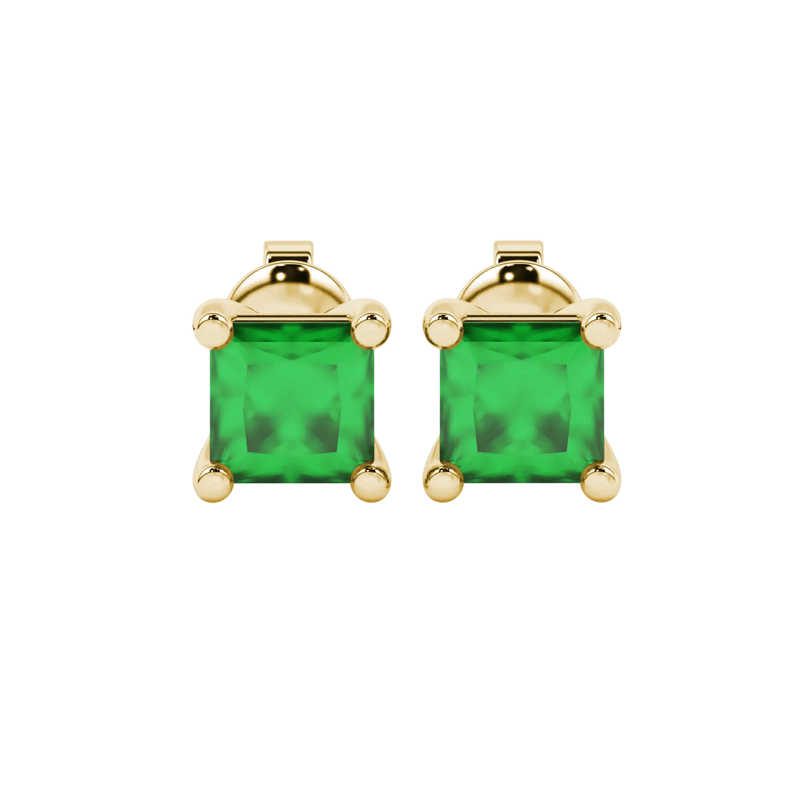Princess emerald green gemstone earrings, yellow gold classic basket setting.