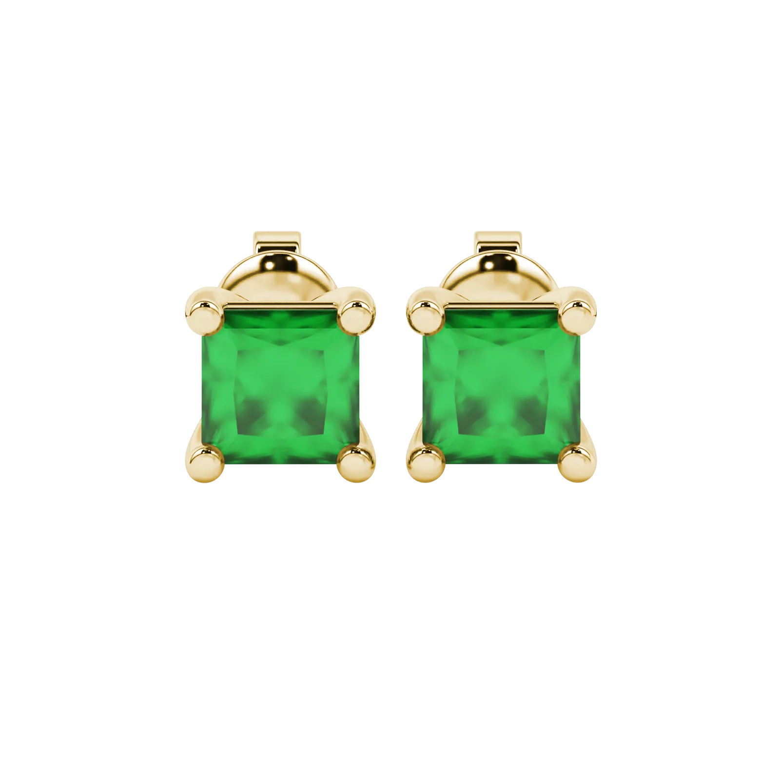 Princess emerald green gemstone earrings, yellow gold classic basket setting.
