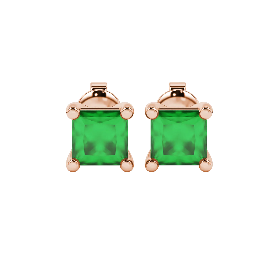 Princess emerald green gemstone earrings, rose gold classic basket setting.