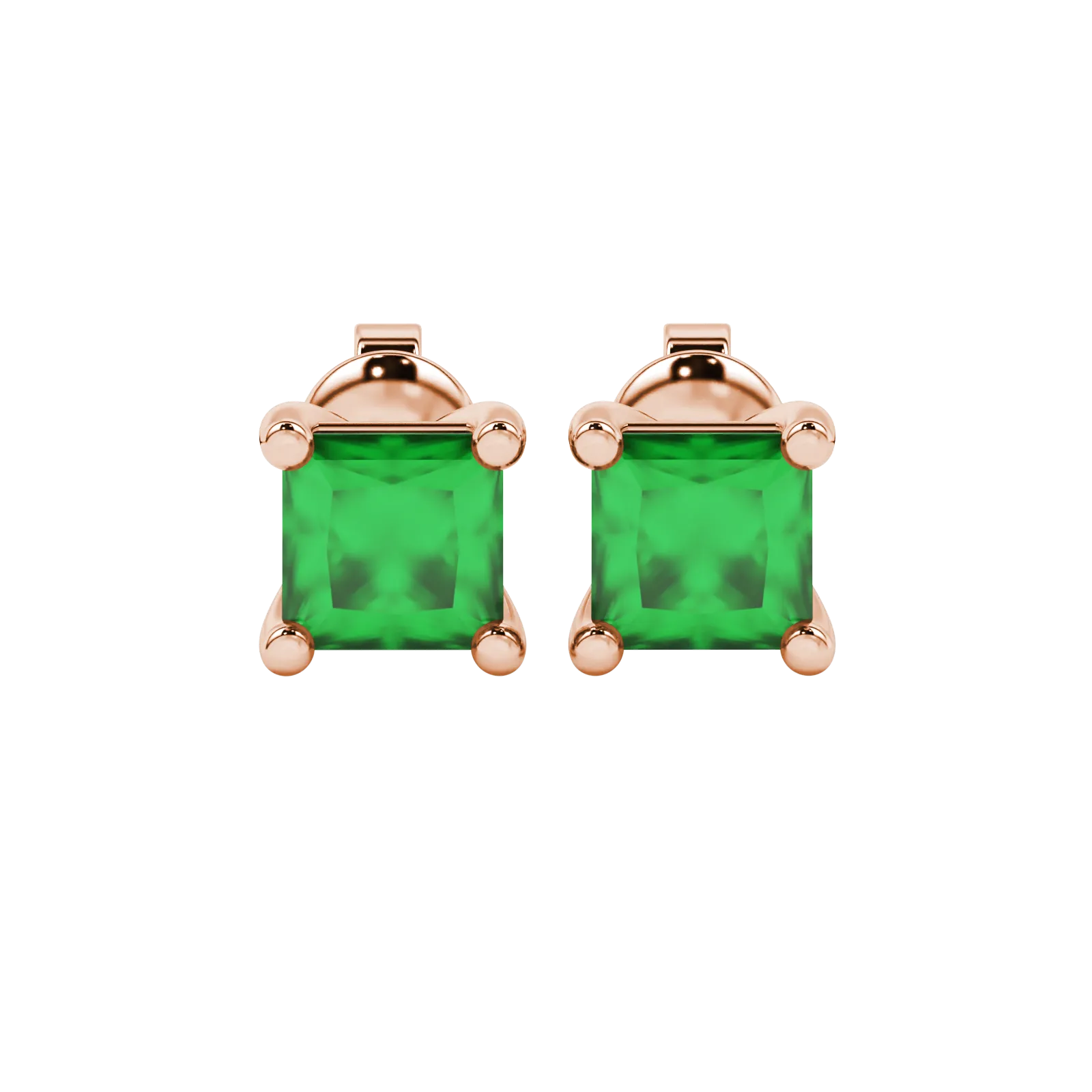 Princess emerald green gemstone earrings, rose gold classic basket setting.