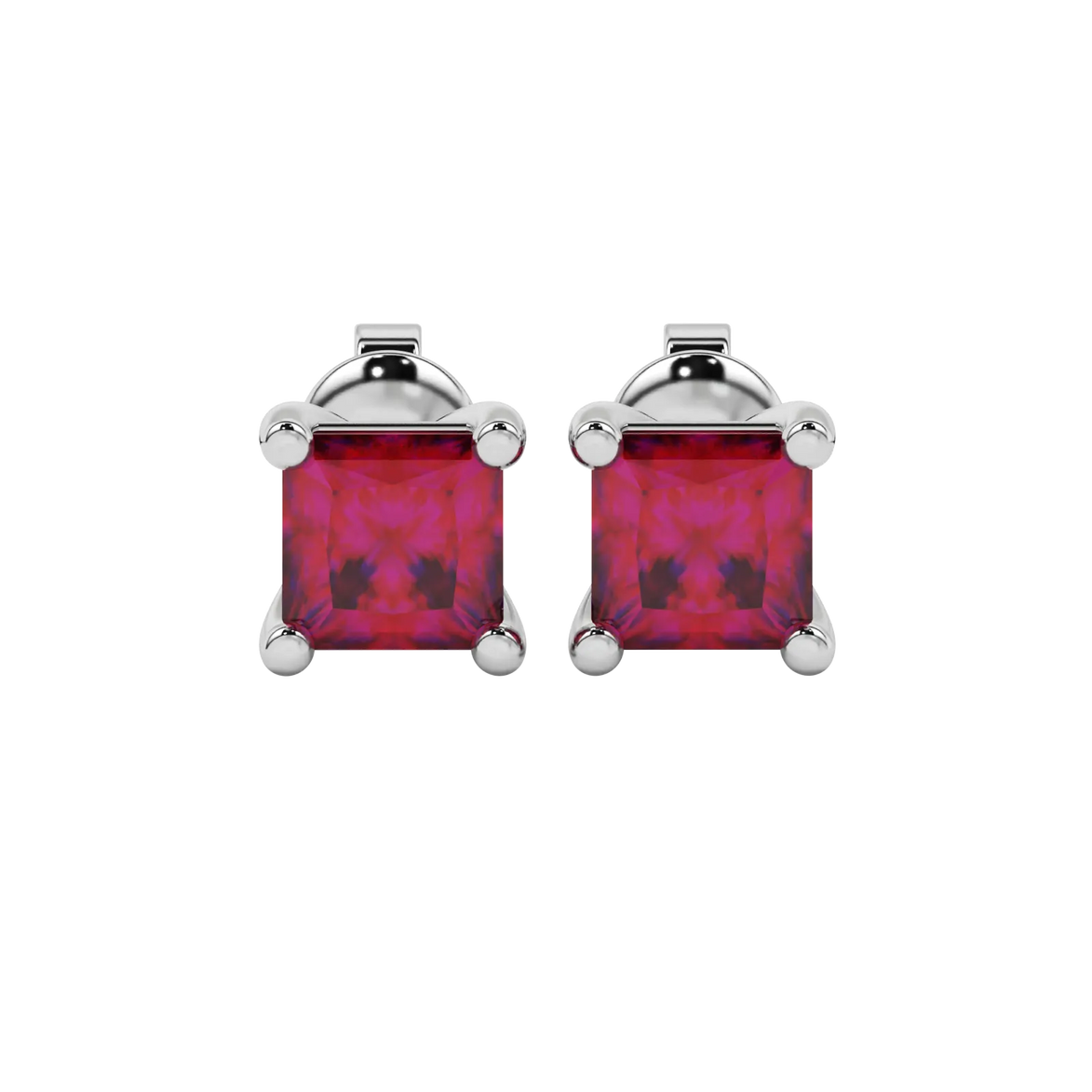 Princess raspberry red gemstone earrings, white gold classic basket setting.