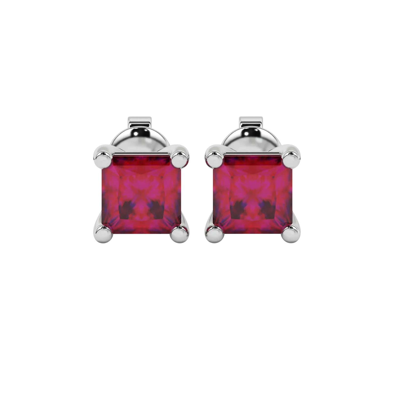 Princess raspberry red gemstone earrings, white gold classic basket setting.