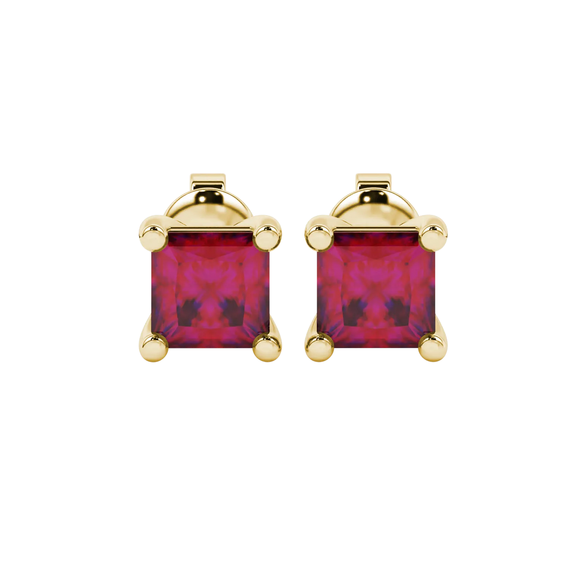 Princess raspberry red gemstone earrings, yellow gold classic basket setting.