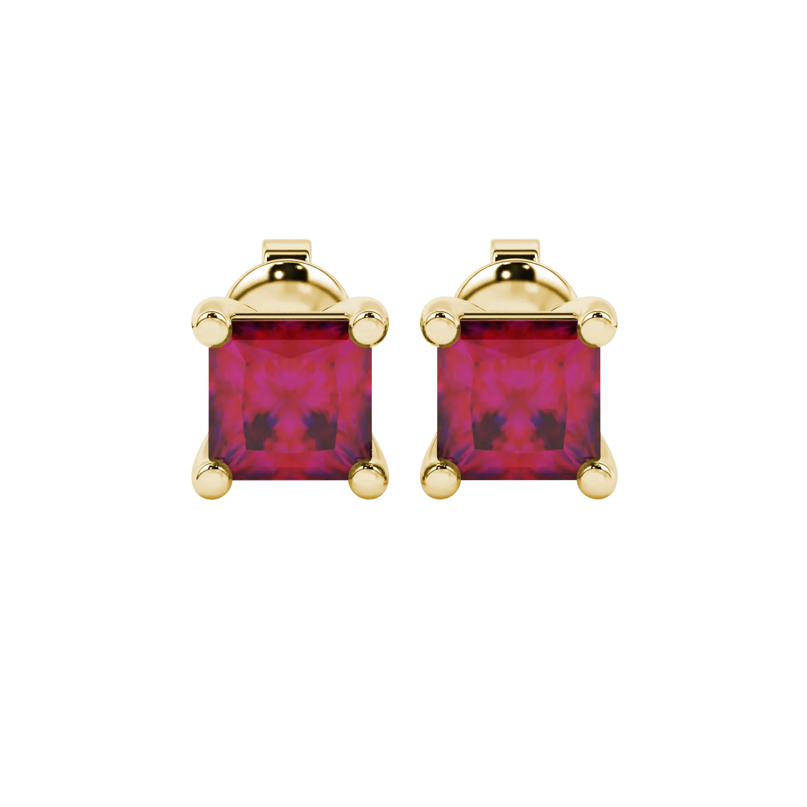 Princess raspberry red gemstone earrings, yellow gold classic basket setting.