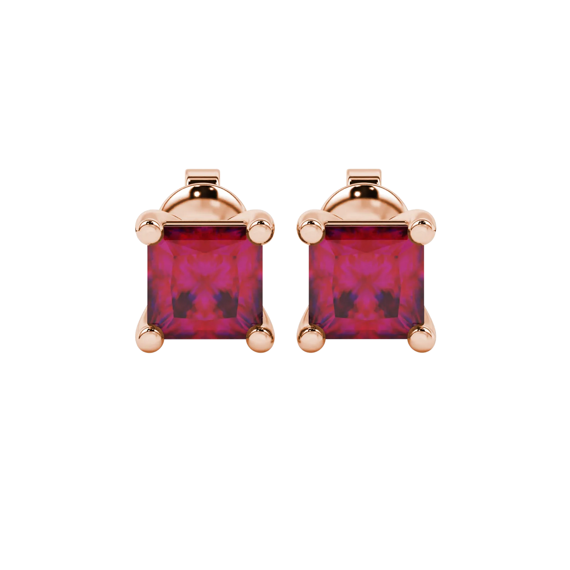 Princess raspberry red gemstone earrings, rose gold classic basket setting.