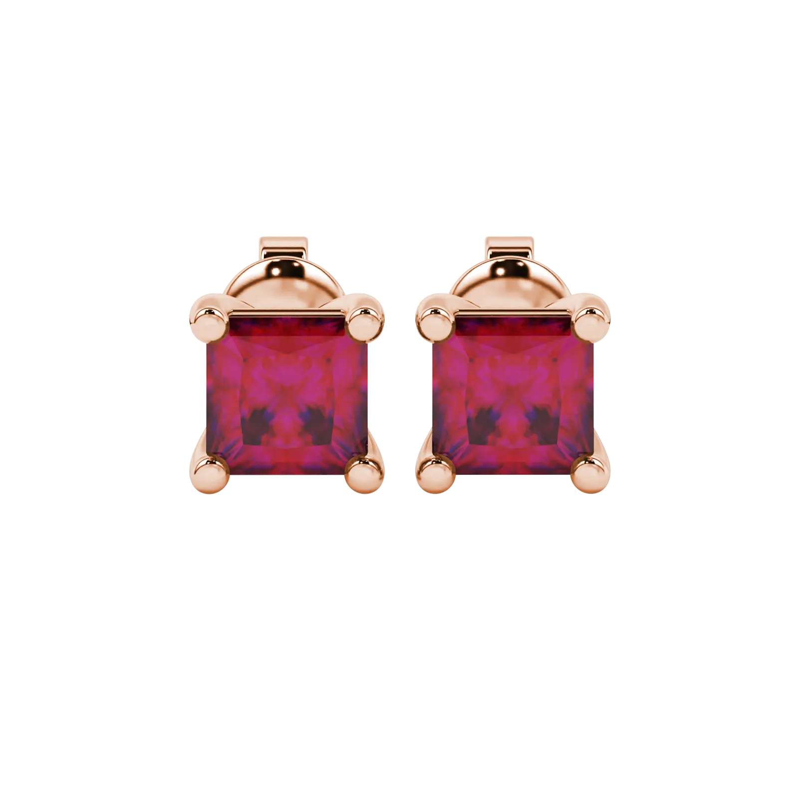 Princess raspberry red gemstone earrings, rose gold classic basket setting.