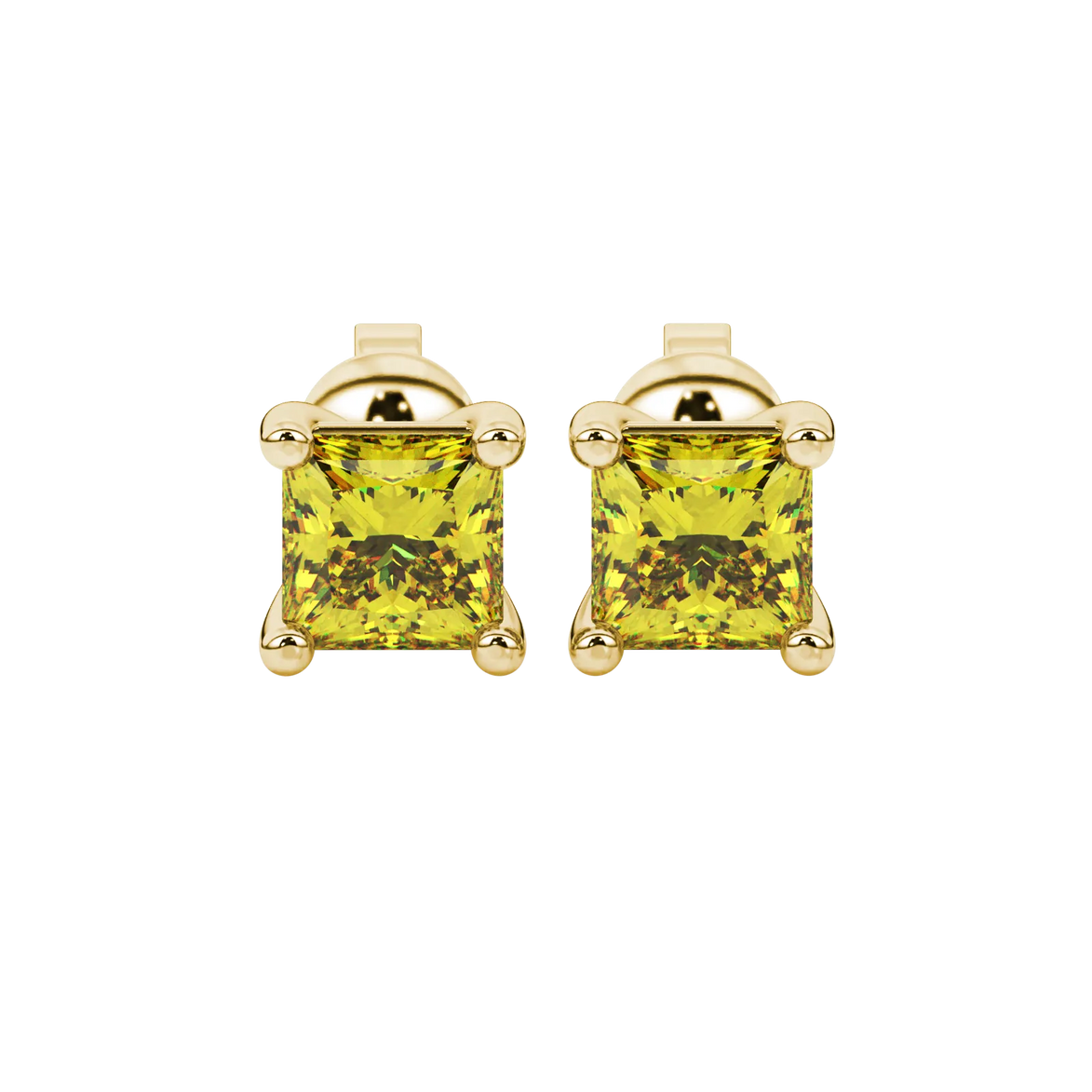 Princess canary yellow gemstone earrings, yellow gold classic basket setting.