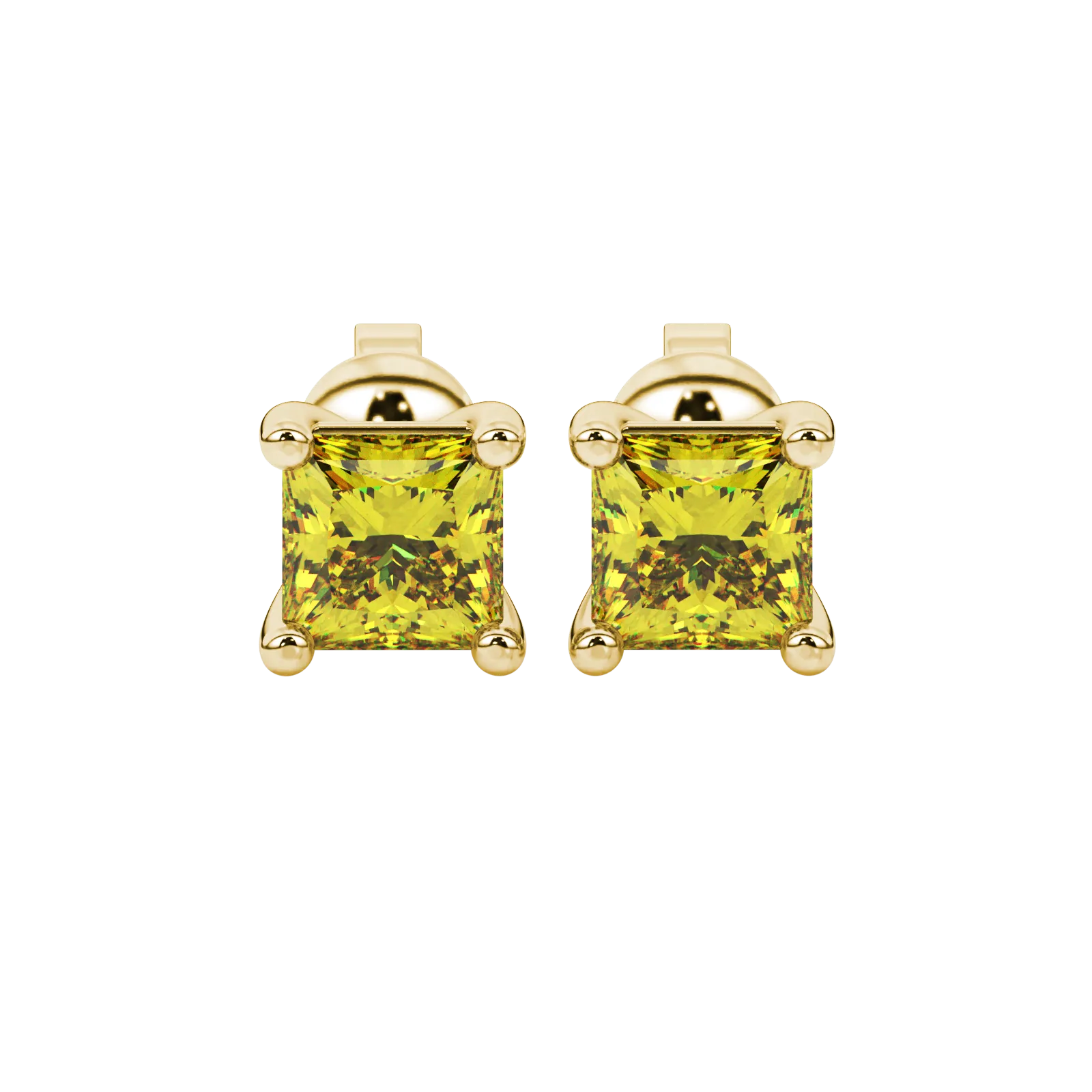 Princess canary yellow gemstone earrings, yellow gold classic basket setting.