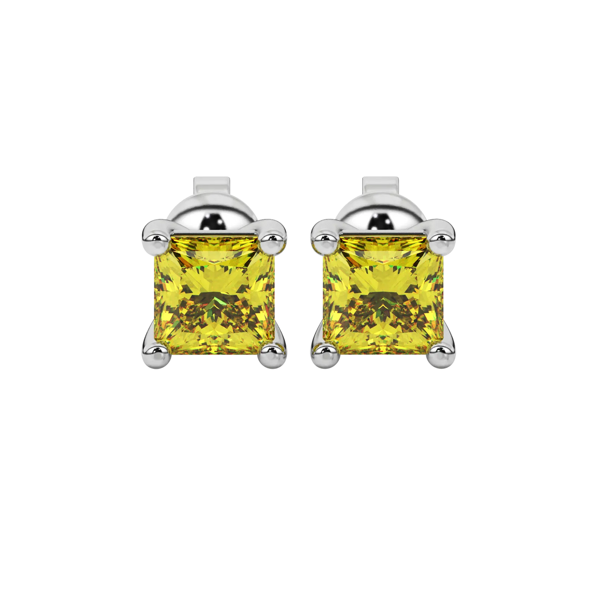 Princess canary yellow gemstone earrings, white gold classic basket setting.