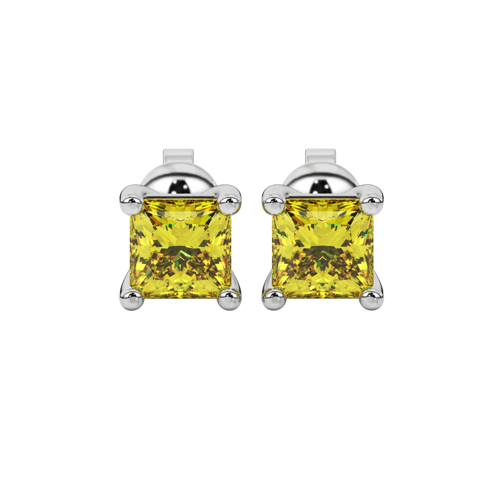 Princess canary yellow gemstone earrings, white gold classic basket setting.