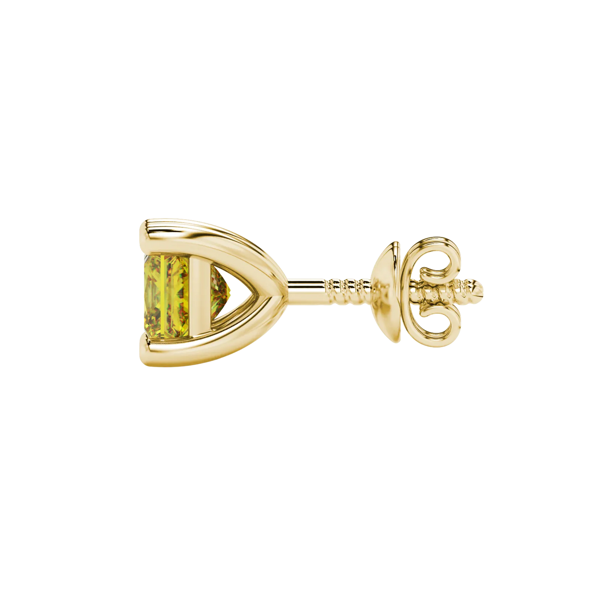 Side profile, yellow gold canary yellow earrings, classic basket gallery.