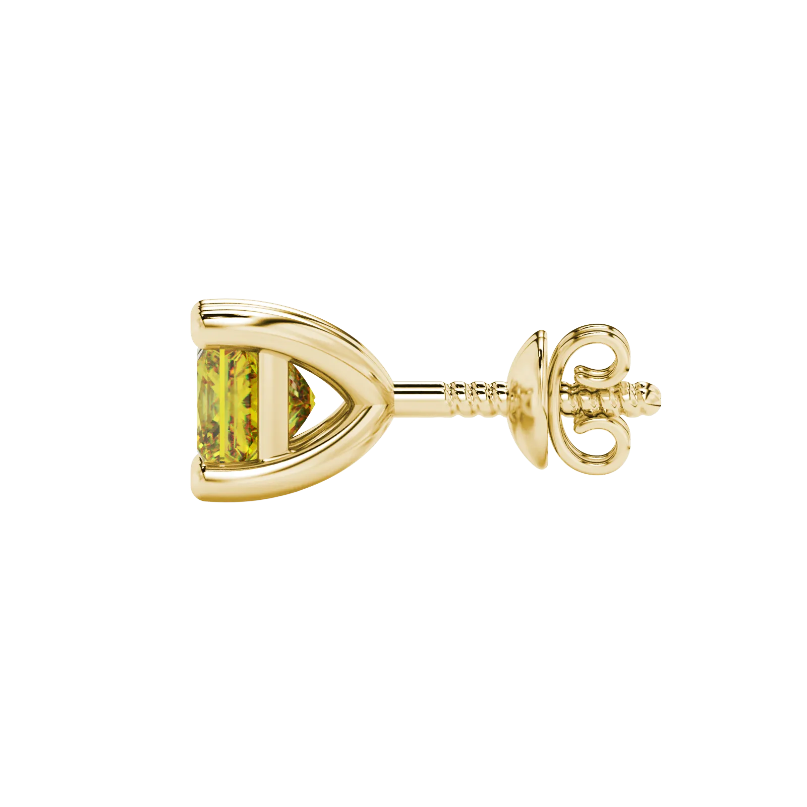 Side profile, yellow gold canary yellow earrings, classic basket gallery.