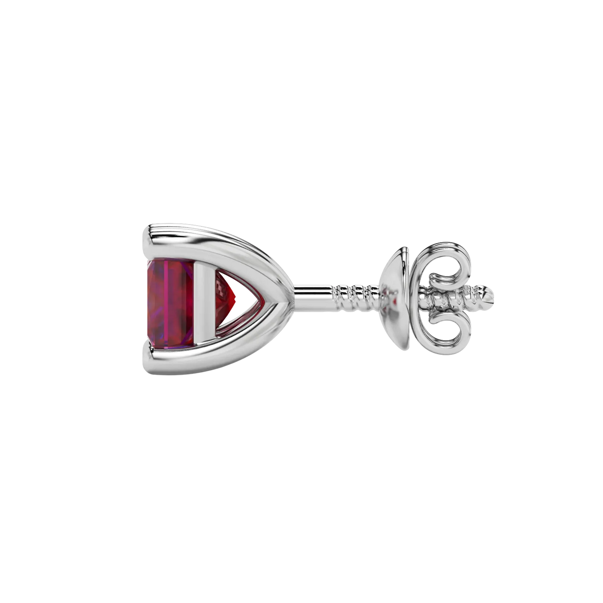 Side profile, white gold raspberry red earrings, classic basket gallery.