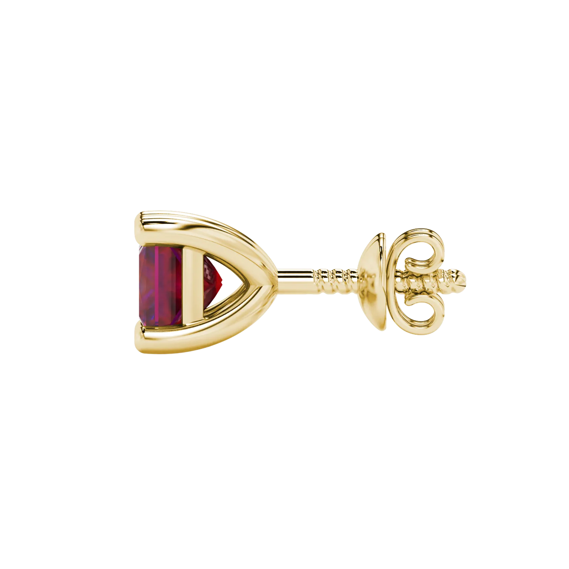 Side profile, yellow gold raspberry red earrings, classic basket gallery.