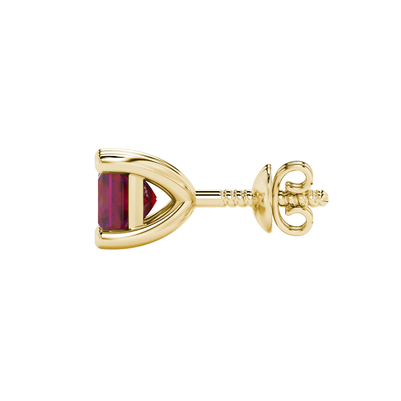 Side profile, yellow gold raspberry red earrings, classic basket gallery.
