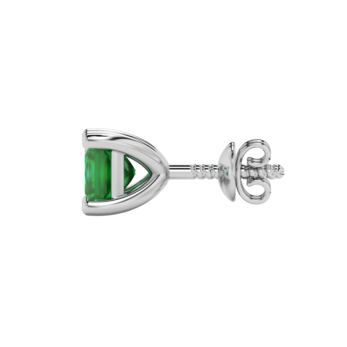 Side profile, white gold emerald green earrings, classic basket gallery.