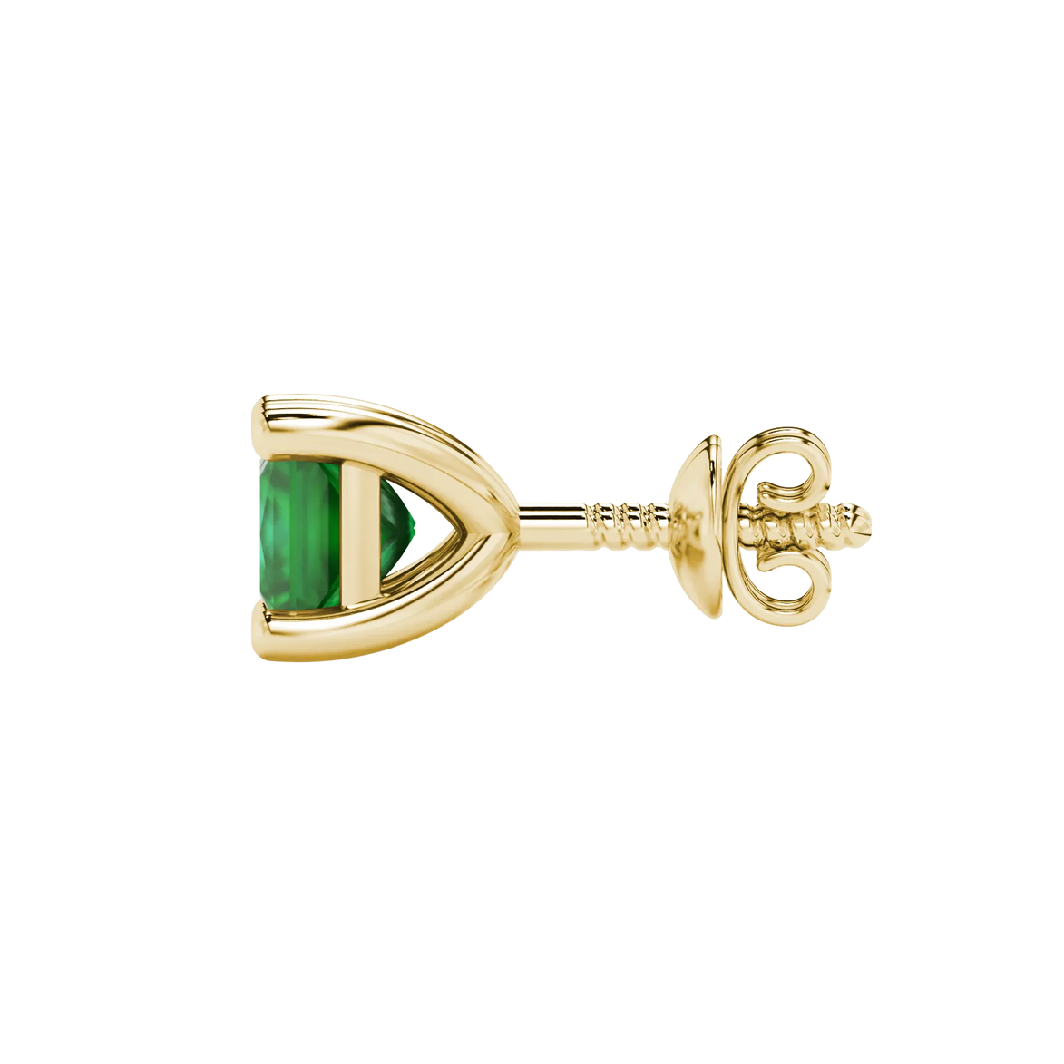 Side profile, yellow gold emerald green earrings, classic basket gallery.