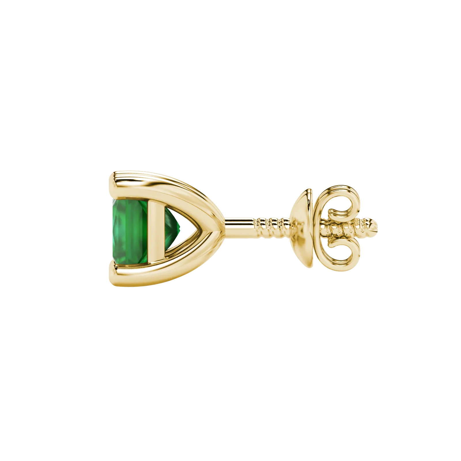 Side profile, yellow gold emerald green earrings, classic basket gallery.