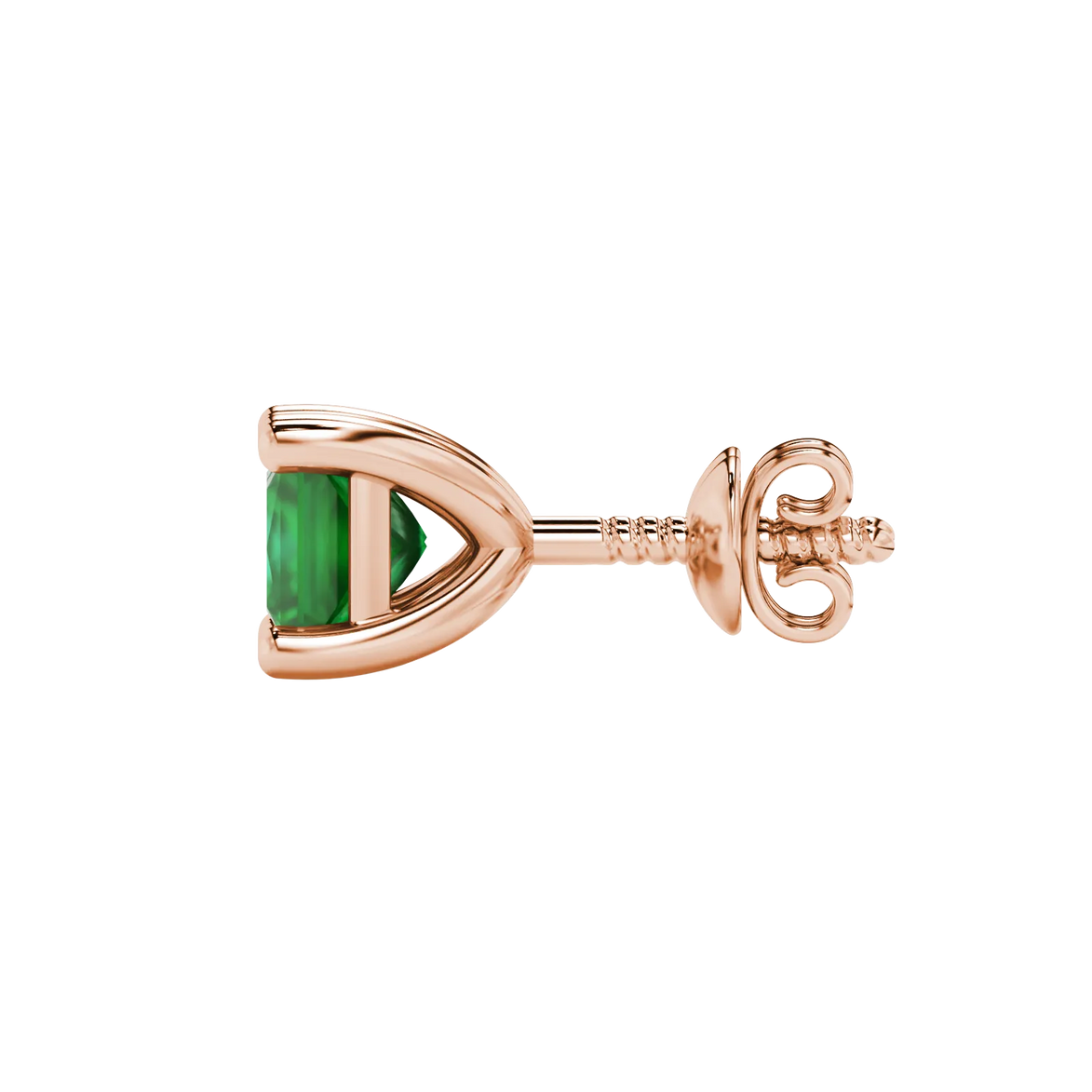 Side profile, rose gold emerald green earrings, classic basket gallery.