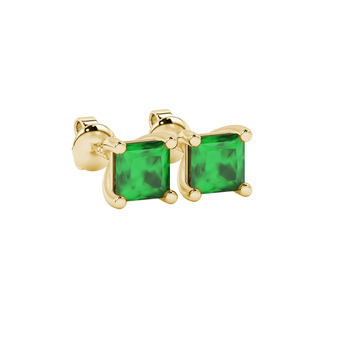 Close-up, princess emerald green gemstone, yellow gold basket earrings.