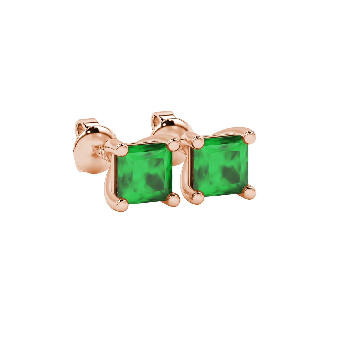 Close-up, princess emerald green gemstone earrings, rose gold basket setting.