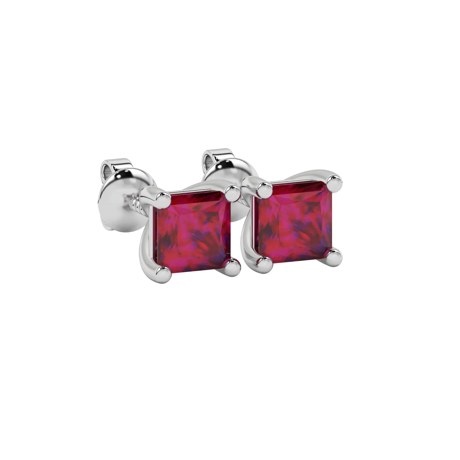 Close-up raspberry red gemstone earing, white gold basket setting.