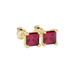 Close-up, princess raspberry red gemstone, yellow gold basket earrings.
