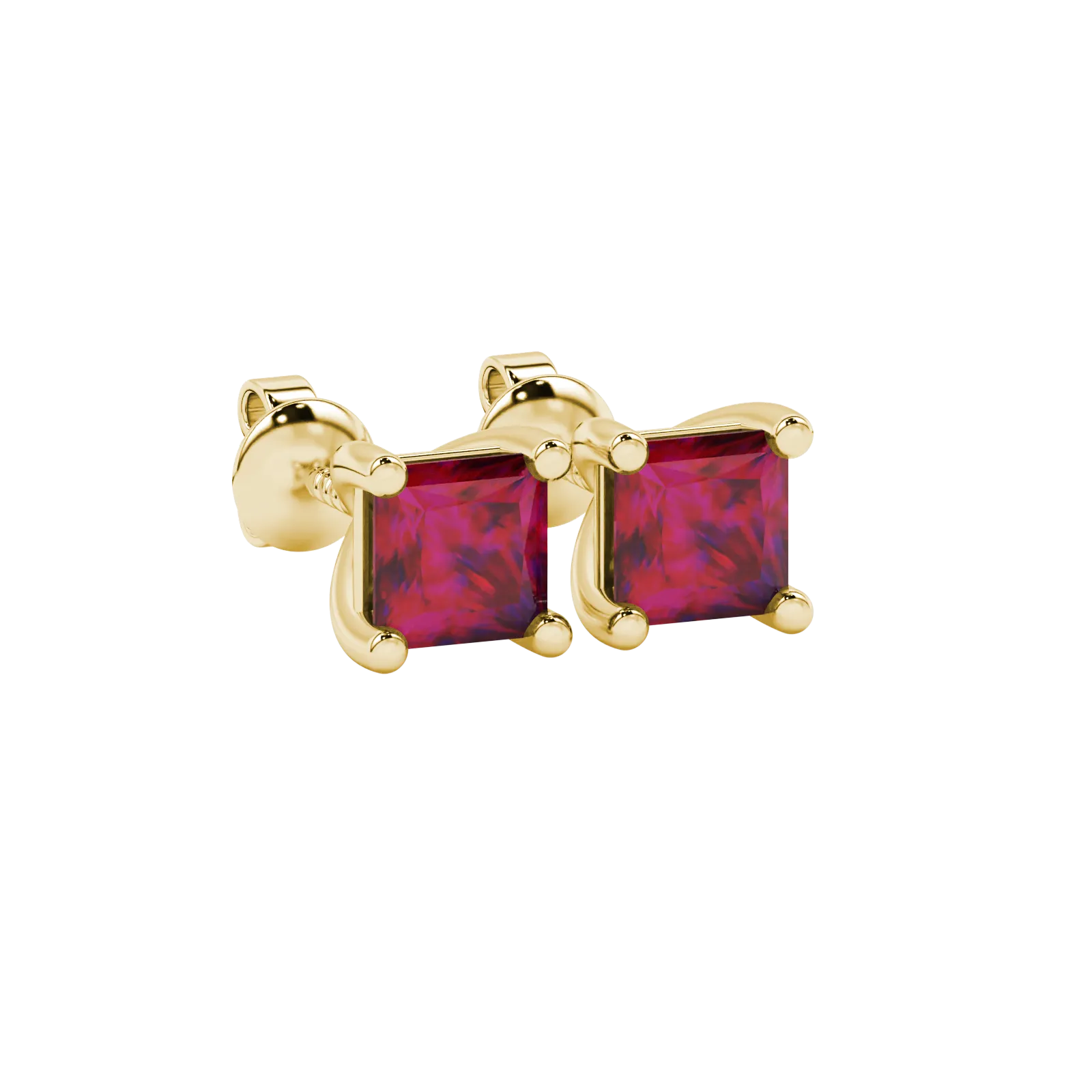 Close-up, princess raspberry red gemstone, yellow gold basket earrings.