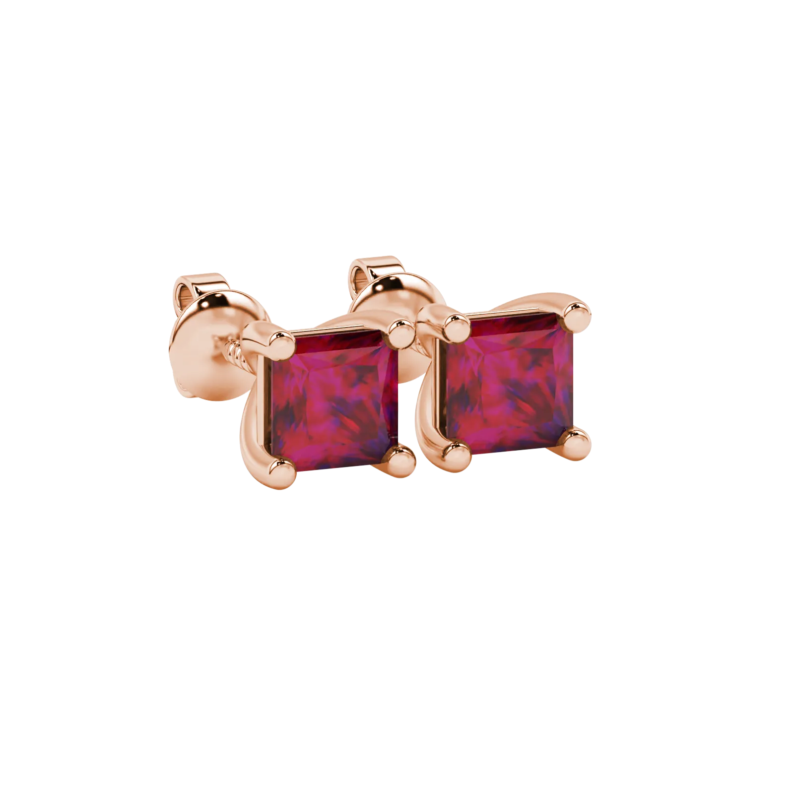 Close-up, princess raspberry red gemstone earrings, rose gold basket setting.