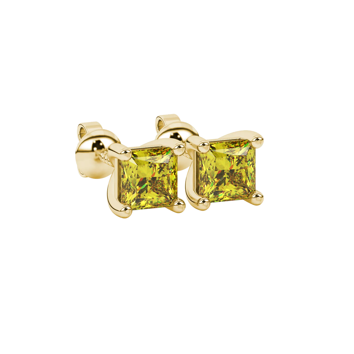 Close-up, princess canary yellow gemstone, yellow gold basket earrings.