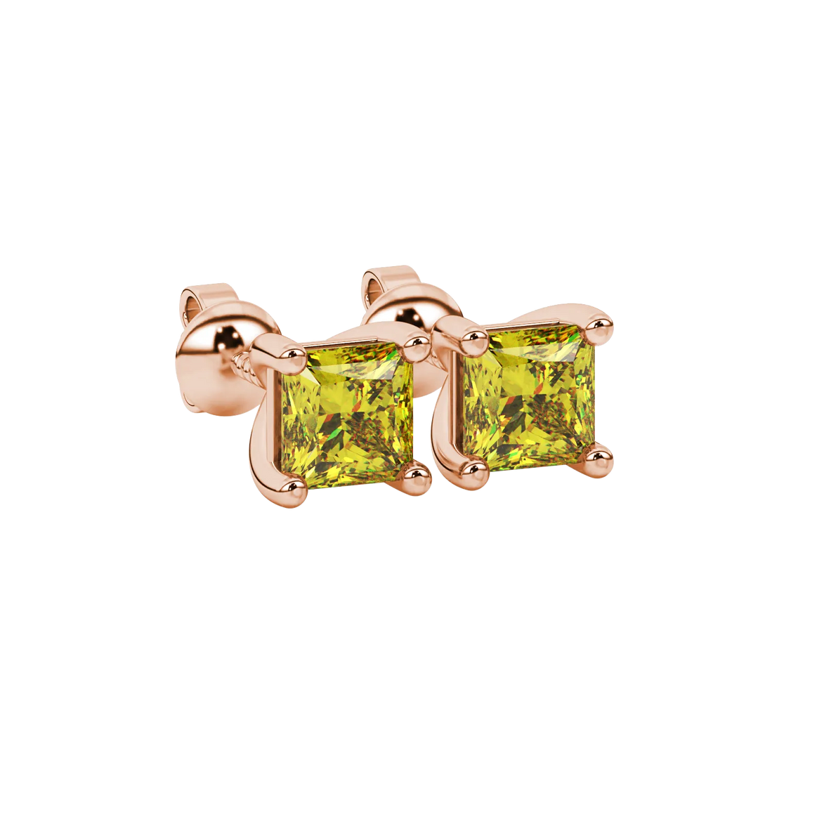 Close-up, princess canary yellow gemstone earrings, rose gold basket setting.