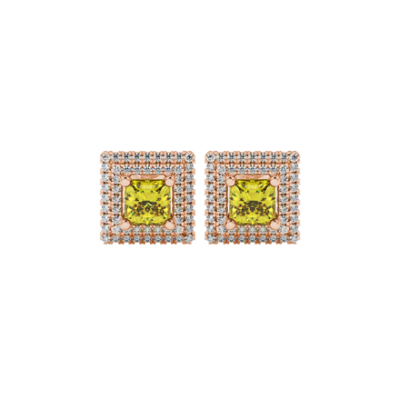 Princess-cut canary yellow gemstone stud earrings surrounded by a brilliant diamond falling edge halo in rose gold.