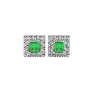 Princess-cut emerald green gemstone stud earrings enclosed in a white gold falling edge diamond halo