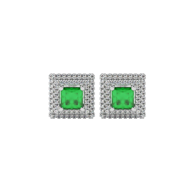 Princess-cut emerald green gemstone stud earrings enclosed in a white gold falling edge diamond halo
