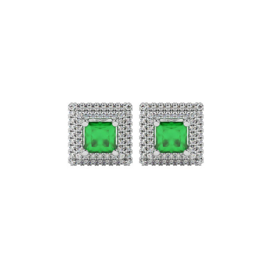 Princess-cut emerald green gemstone stud earrings enclosed in a white gold falling edge diamond halo