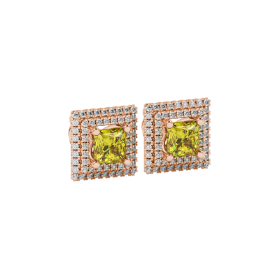 close-up shot of a princess-cut canary yellow gemstone earring with a rose gold falling edge diamond halo.