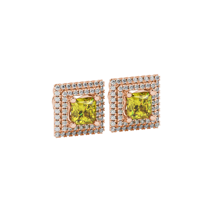 close-up shot of a princess-cut canary yellow gemstone earring with a rose gold falling edge diamond halo.