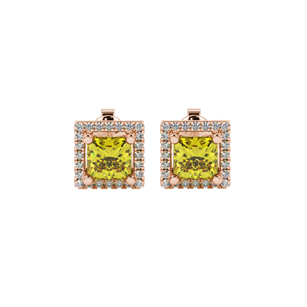 Princess canary yellow gemstone earrings, rose gold french pavé halo.
