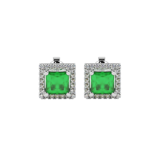 Princess emerald green gemstone earrings, white gold french pavé halo.