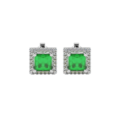 Princess emerald green gemstone earrings, white gold french pavé halo.
