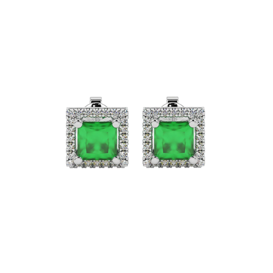 Princess emerald green gemstone earrings, white gold french pavé halo.