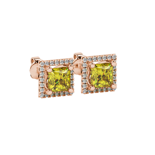 Close-up, princess canary yellow gemstone earrings, rose gold pavé setting.