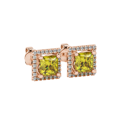 Close-up, princess canary yellow gemstone earrings, rose gold pavé setting.