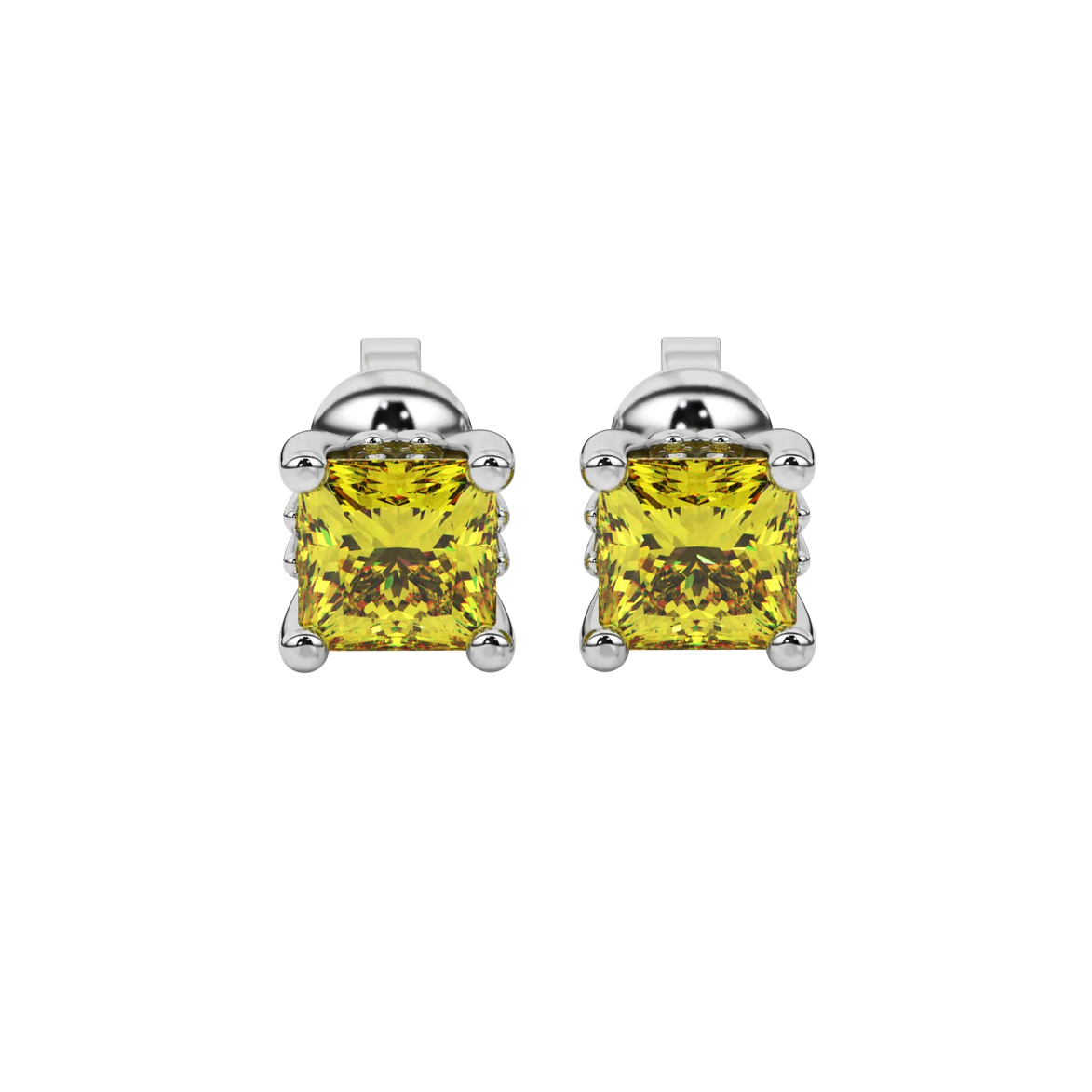 Princess canary yellow gemstone earrings, white gold lotus basket setting.