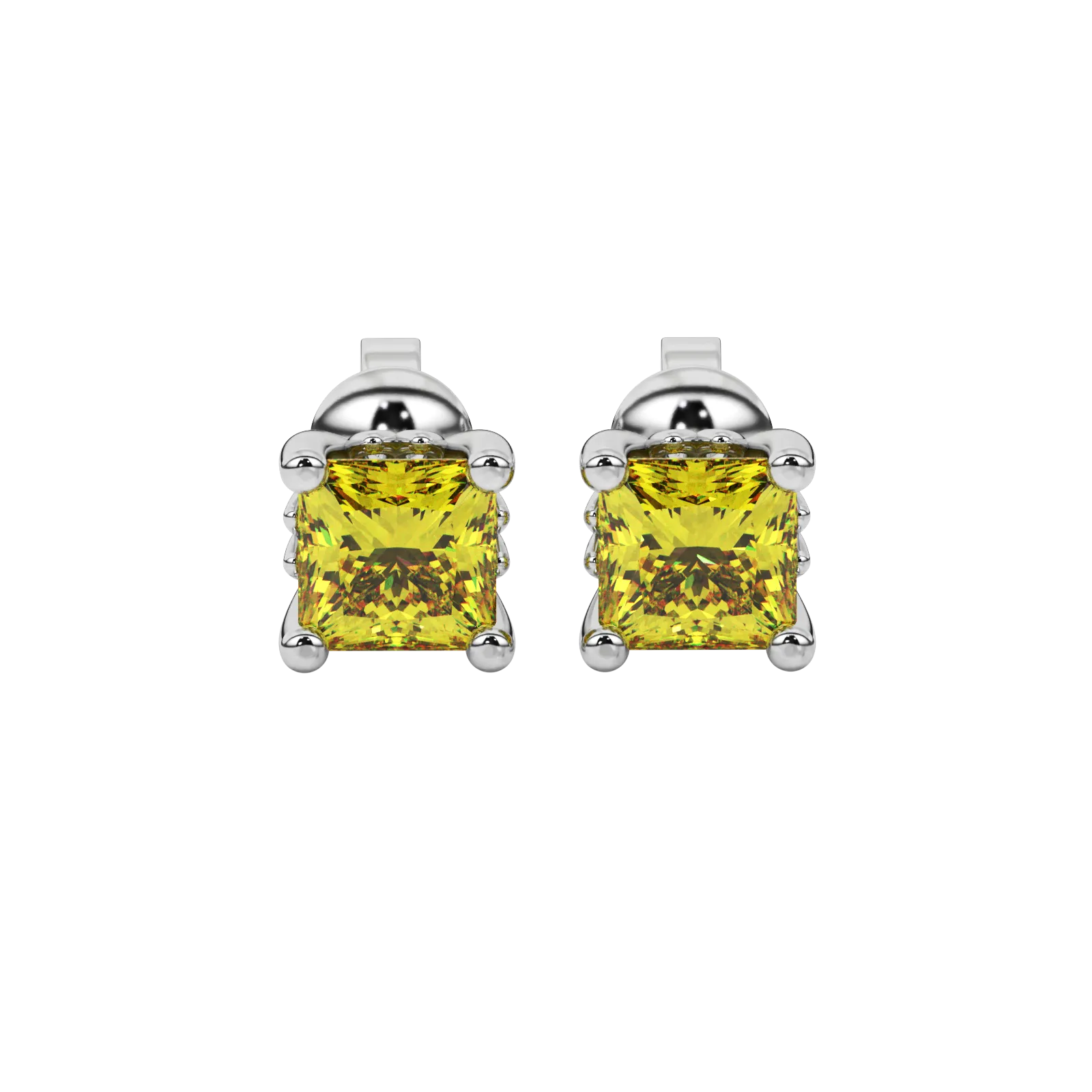 Princess canary yellow gemstone earrings, white gold lotus basket setting.